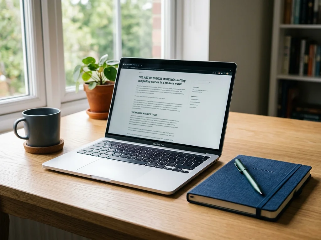 Bureau lumineux avec un ordinateur affichant un article informatif pour les entreprises numériques.