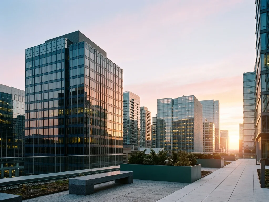 Quartier d'affaires au lever du soleil symbolisant le dynamisme et l'activité économique matinale.